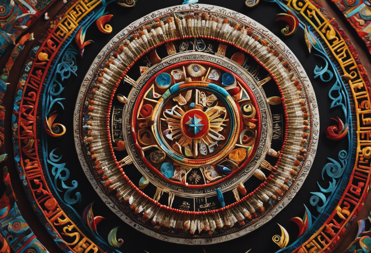 An image that showcases the intricate beauty of the Cherokee Calendar, featuring vibrant colors and symbols representing the Animal Clans, showcasing their significance and connection to nature