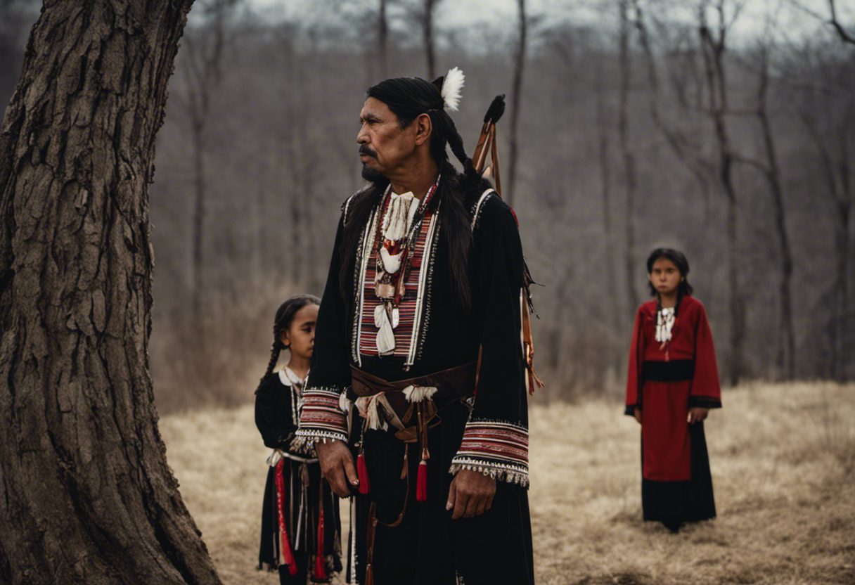 An image portraying a sorrowful Cherokee family, clad in traditional attire, standing beside a barren tree, symbolizing the Trail of Tears' devastating toll on their ancestral calendar
