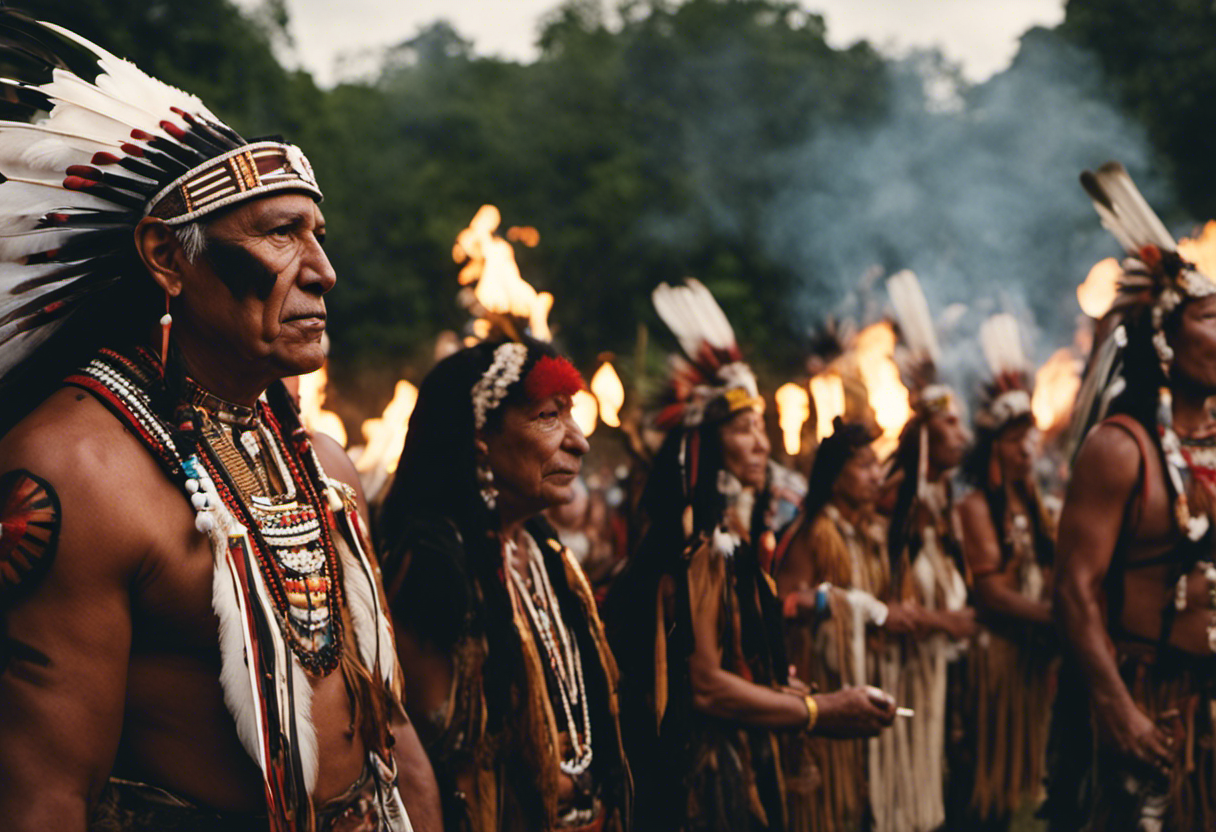 A powerful image capturing the essence of sacred Cherokee ceremonies honoring ancestors, featuring a ceremonial fire surrounded by participants wearing traditional regalia, their faces painted and adorned with feathers, offering prayers and tobacco