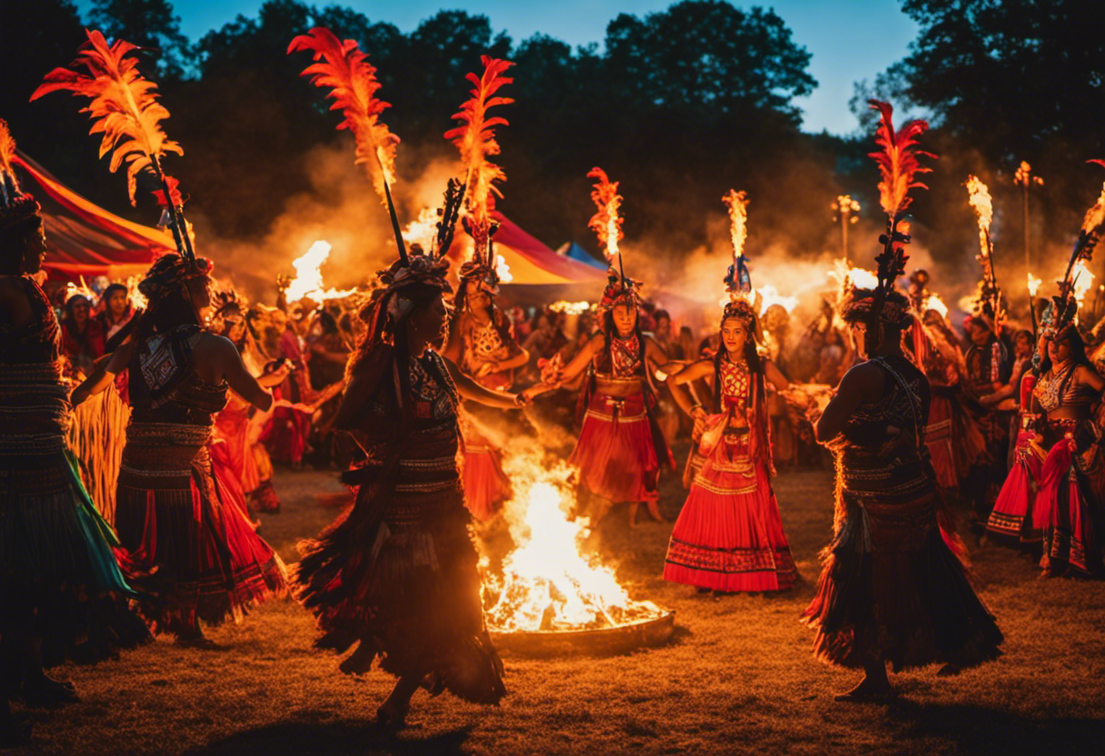 An image capturing the vibrant energy of a Cherokee festival, with dancers adorned in colorful regalia, swirling in a circle around a sacred fire, as the sun sets behind them, casting a warm glow over the scene