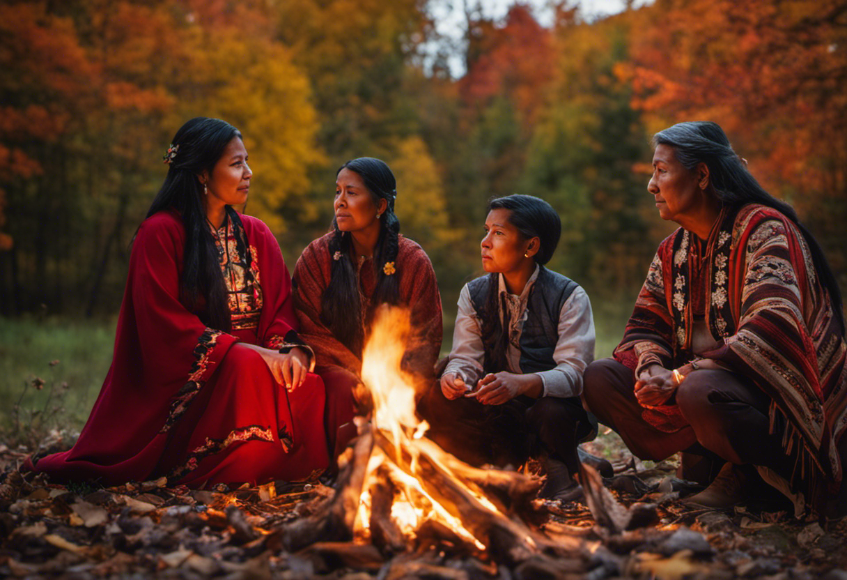 An image showcasing a Cherokee family gathered around a sacred fire, their faces illuminated by the warm glow, while a vibrant backdrop of changing leaves and blooming flowers symbolizes the cyclical nature of the Cherokee Calendar and its impact on their daily life