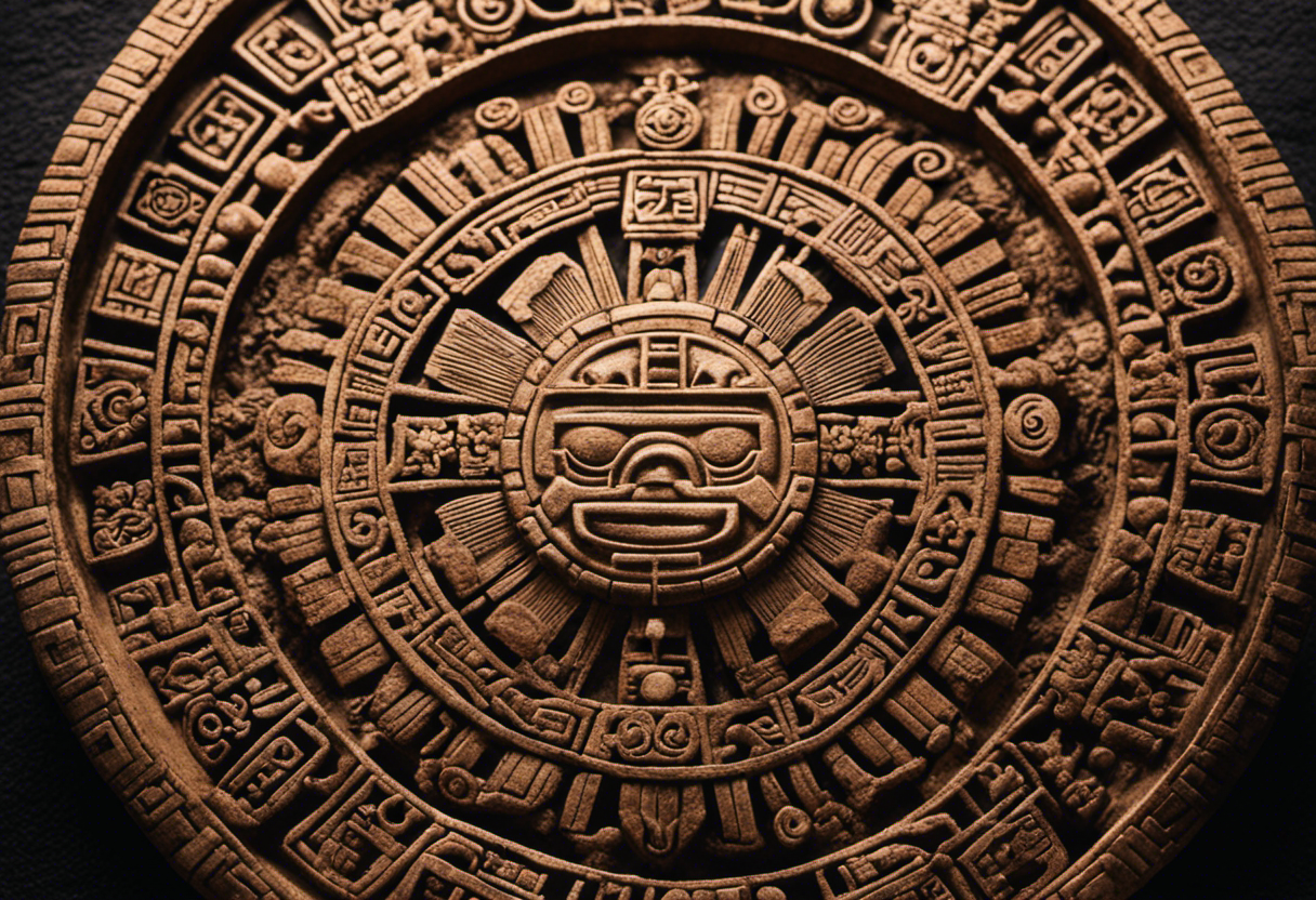 An image that depicts an intricately carved Aztec Sun Stone and a Mayan stela adorned with religious symbols, showcasing the contrasting religious significance of the calendars