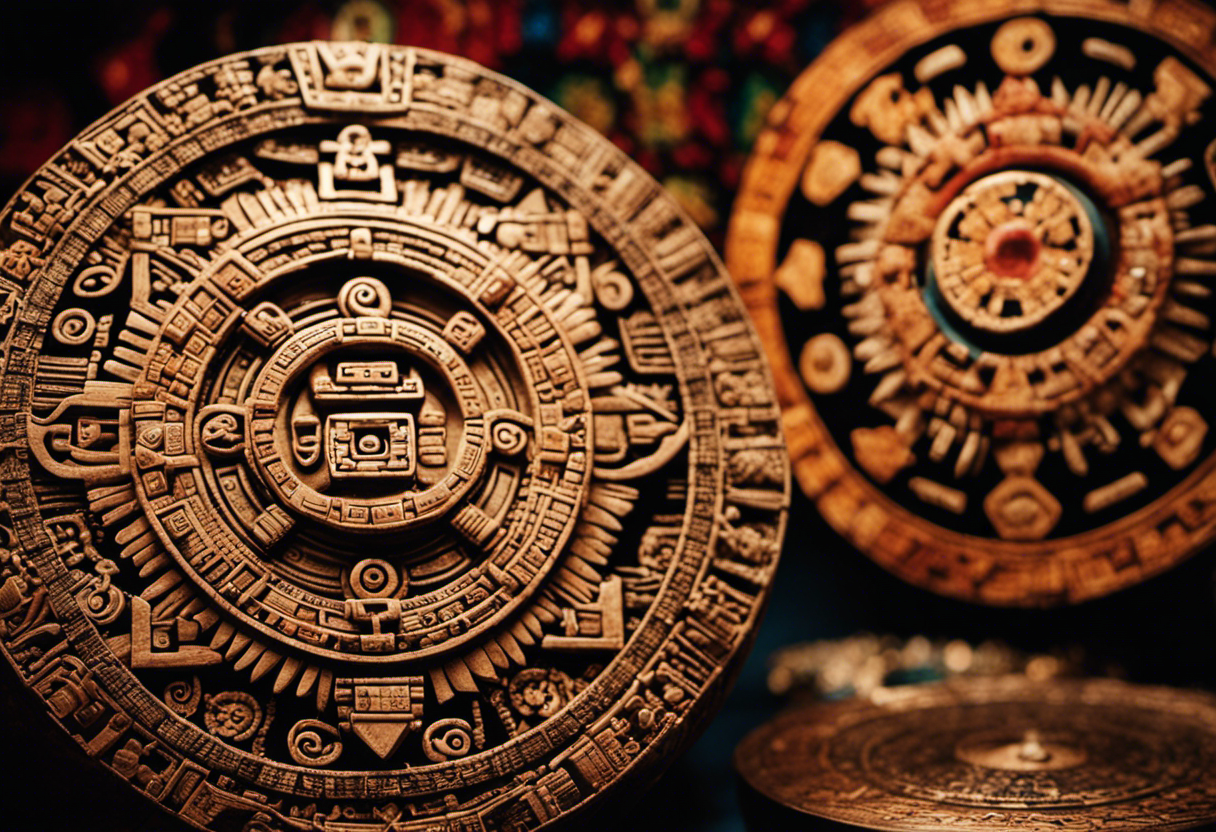 An image showcasing two distinct artistic representations of the Aztec and Mayan calendars side by side, highlighting their unique cultural influences and adaptations through intricate patterns, symbols, and colors