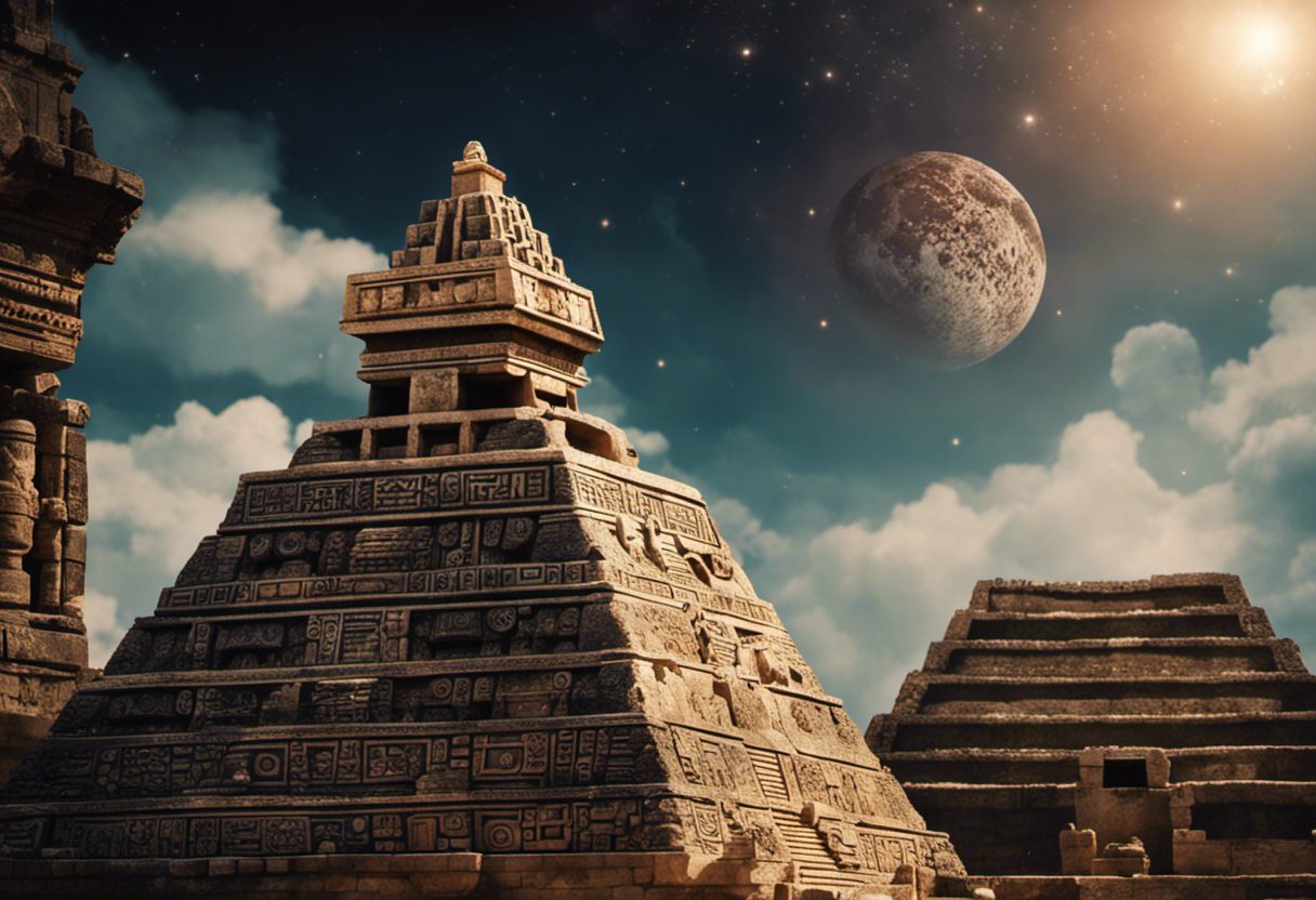 An image depicting an Aztec pyramid with its intricate stone carvings and an accompanying Mayan temple adorned with celestial motifs, showcasing the contrasting celestial alignments and predictions of the Aztec and Mayan calendars