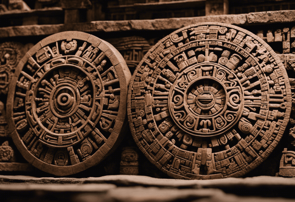 An image showcasing the intricate stone carvings of the Aztec and Mayan calendars side by side, highlighting their distinctive symbols, shapes, and sizes
