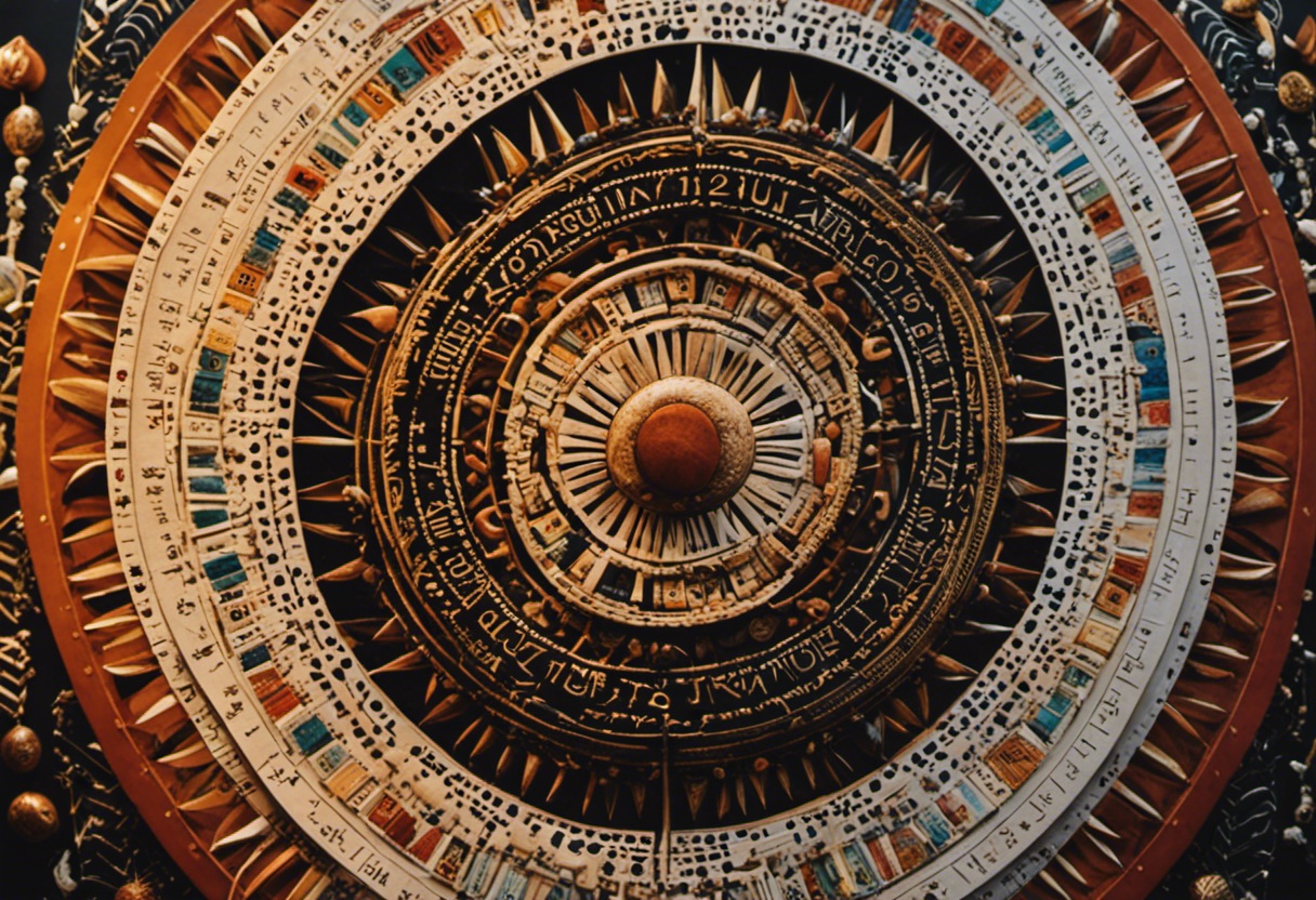 An image illustrating the unique features of the Zulu calendar, showcasing the intricate patterns and symbols used to represent different months, seasons, and celestial events, all while preserving the cultural richness of Zulu tradition