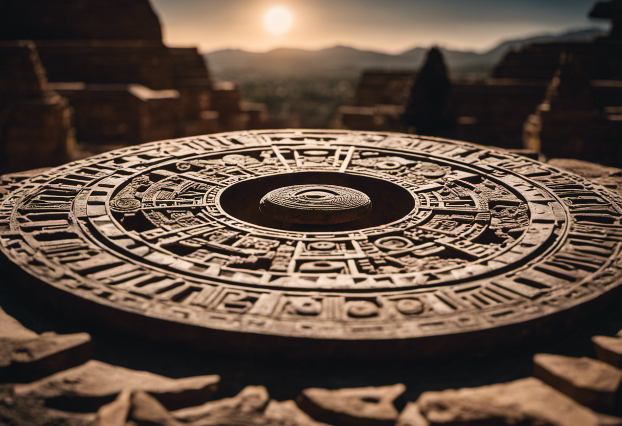 An image showcasing the intricate Aztec Calendar stone, with its concentric circles representing celestial bodies, while a shadowy figure observes the sky through an ancient observatory, highlighting the Aztec's profound connection to astronomy and timekeeping