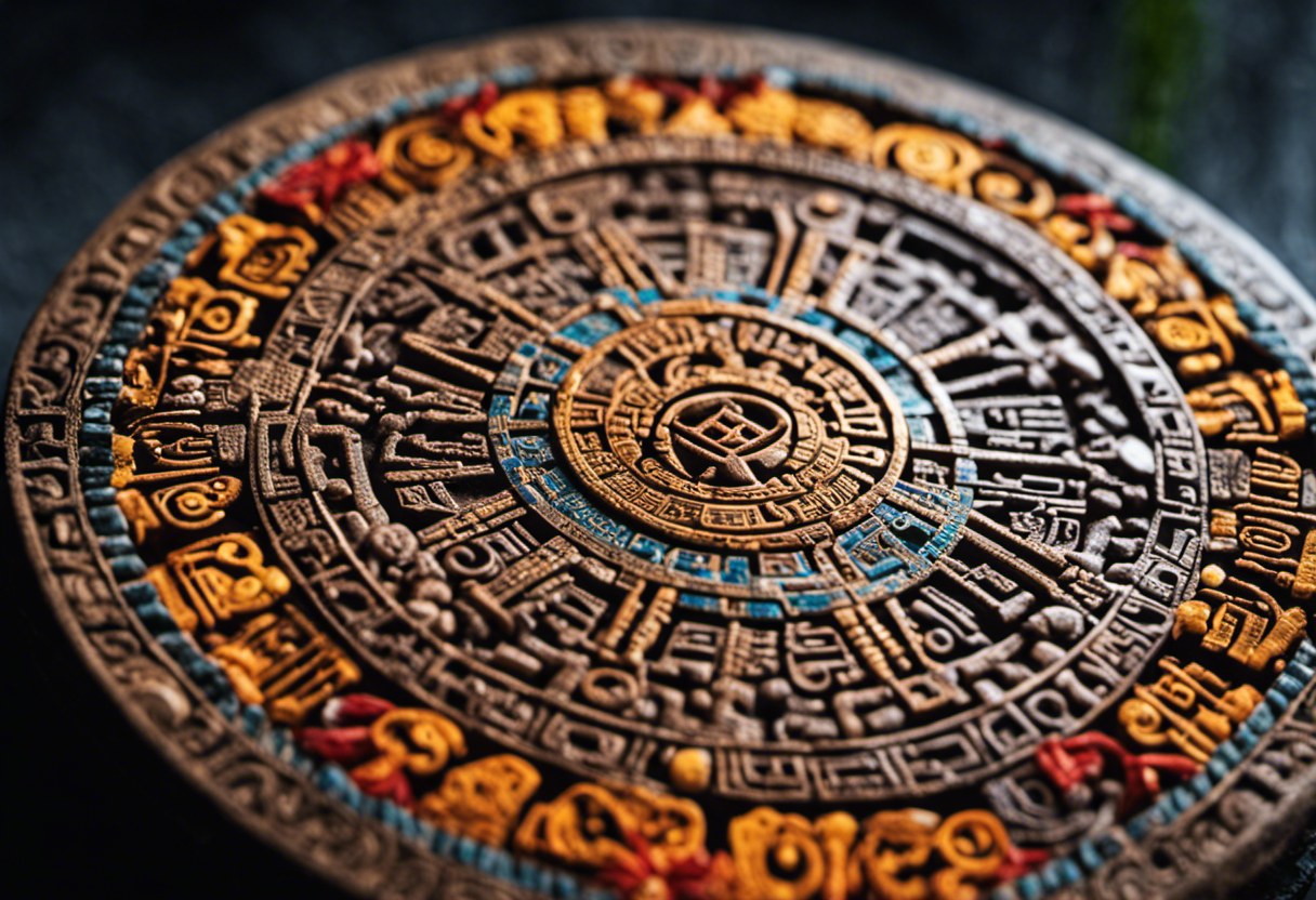 An image depicting a close-up view of an intricate Aztec calendar stone, showcasing vibrant colors and detailed patterns