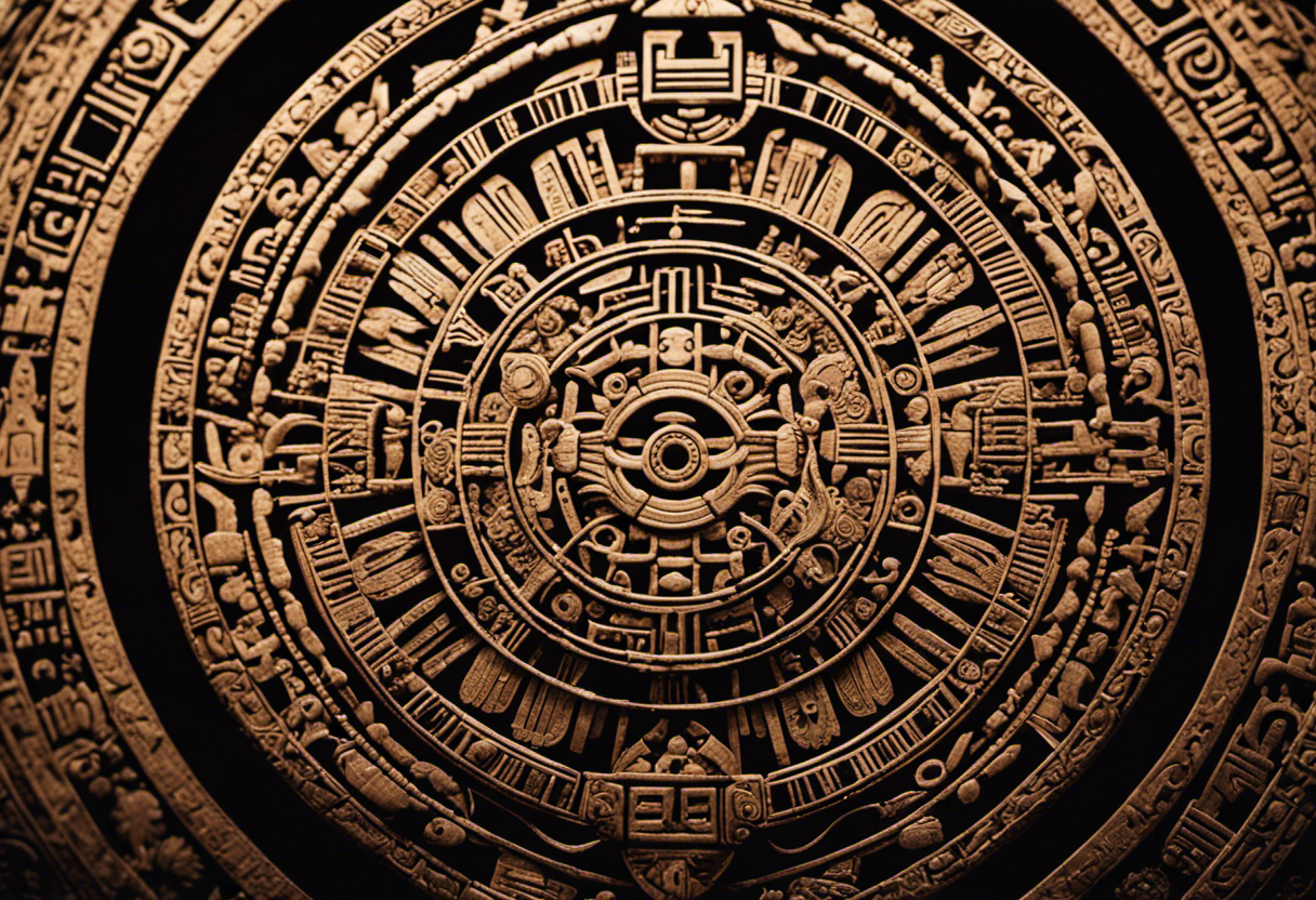 An image depicting an intricate Aztec calendar with its glyphs and symbols
