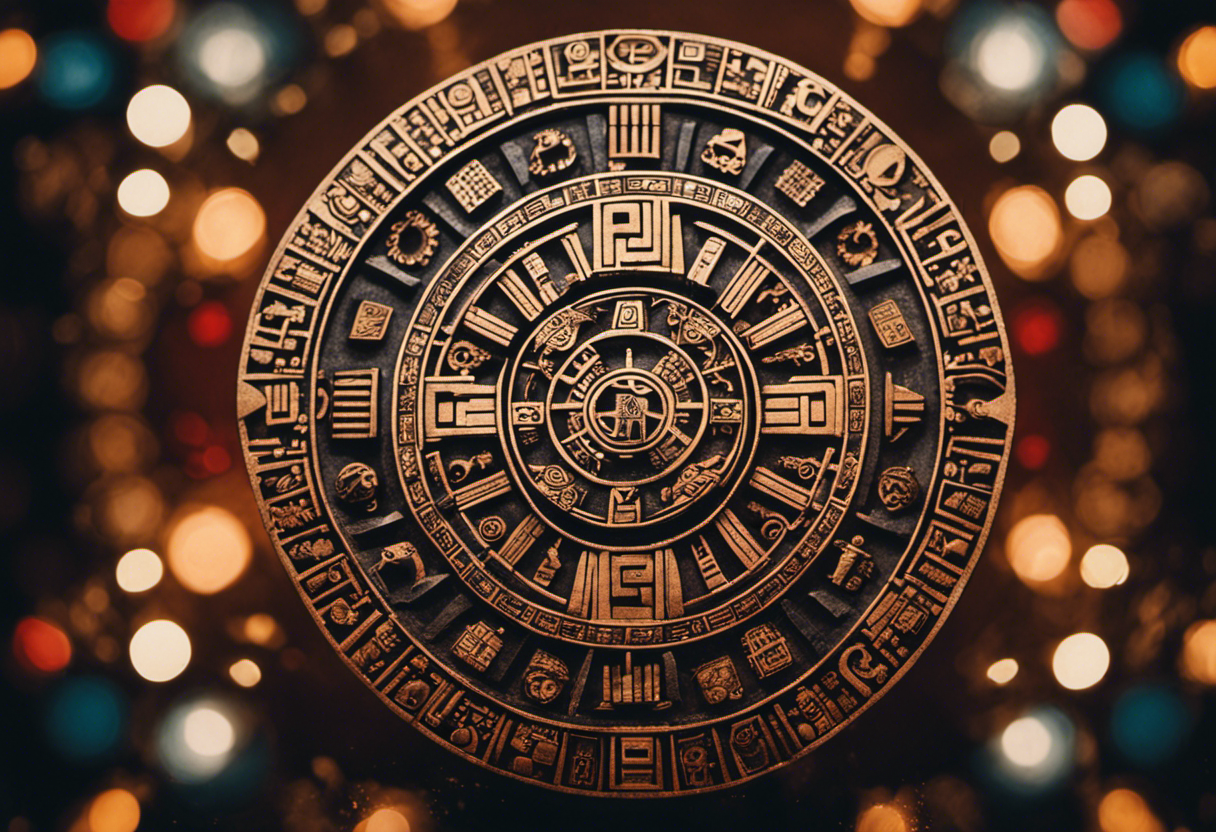 An image depicting an Aztec calendar with its intricate symbols and glyphs