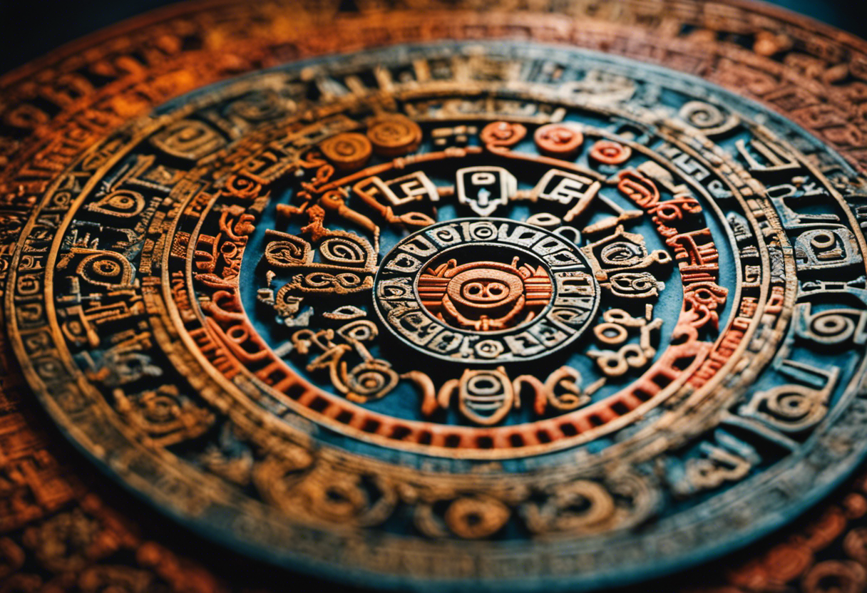 An image showcasing the intricate Aztec Calendar Stone, highlighted by its complex concentric circles and intricate symbols