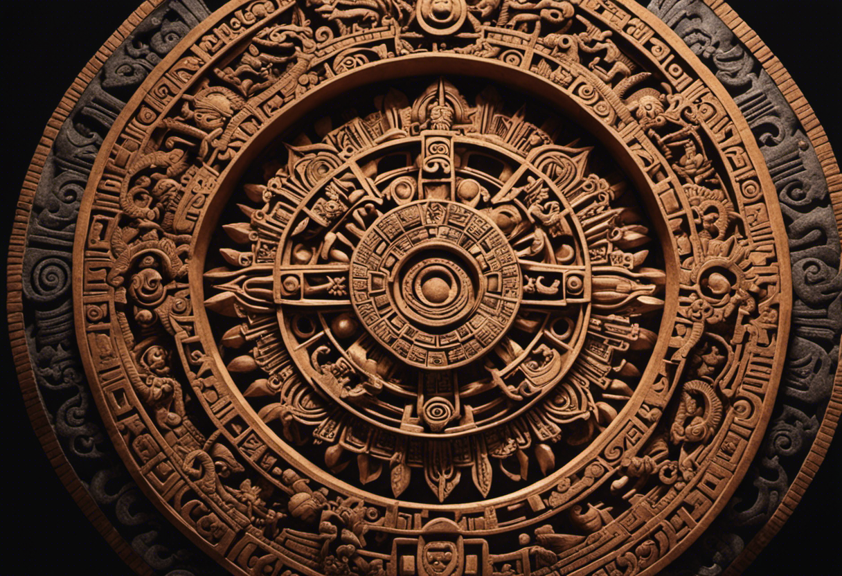 An image depicting the intricate Sun Stone, showcasing its circular shape adorned with detailed carvings of solar deities, celestial symbols, and mythical creatures, unraveling the enigmatic Aztec calendar symbolism