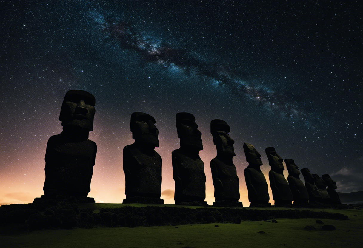An image showcasing the enigmatic Moai statues gazing at the twinkling night sky above Easter Island