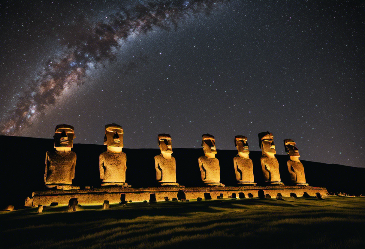 An image showcasing the enigmatic stone statues of Easter Island, set against a backdrop of a starry sky