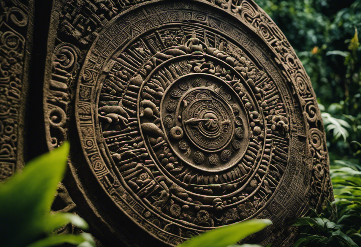 An image featuring a close-up shot of a stone tablet covered in intricate carvings, surrounded by lush greenery