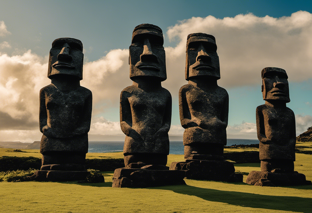 An image showcasing the enduring legacy of the Rapa Nui Calendar, with a stone Moai statue casting a long shadow over a series of intricately carved stone tablets, symbolizing the profound influence of Easter Island's timekeeping system