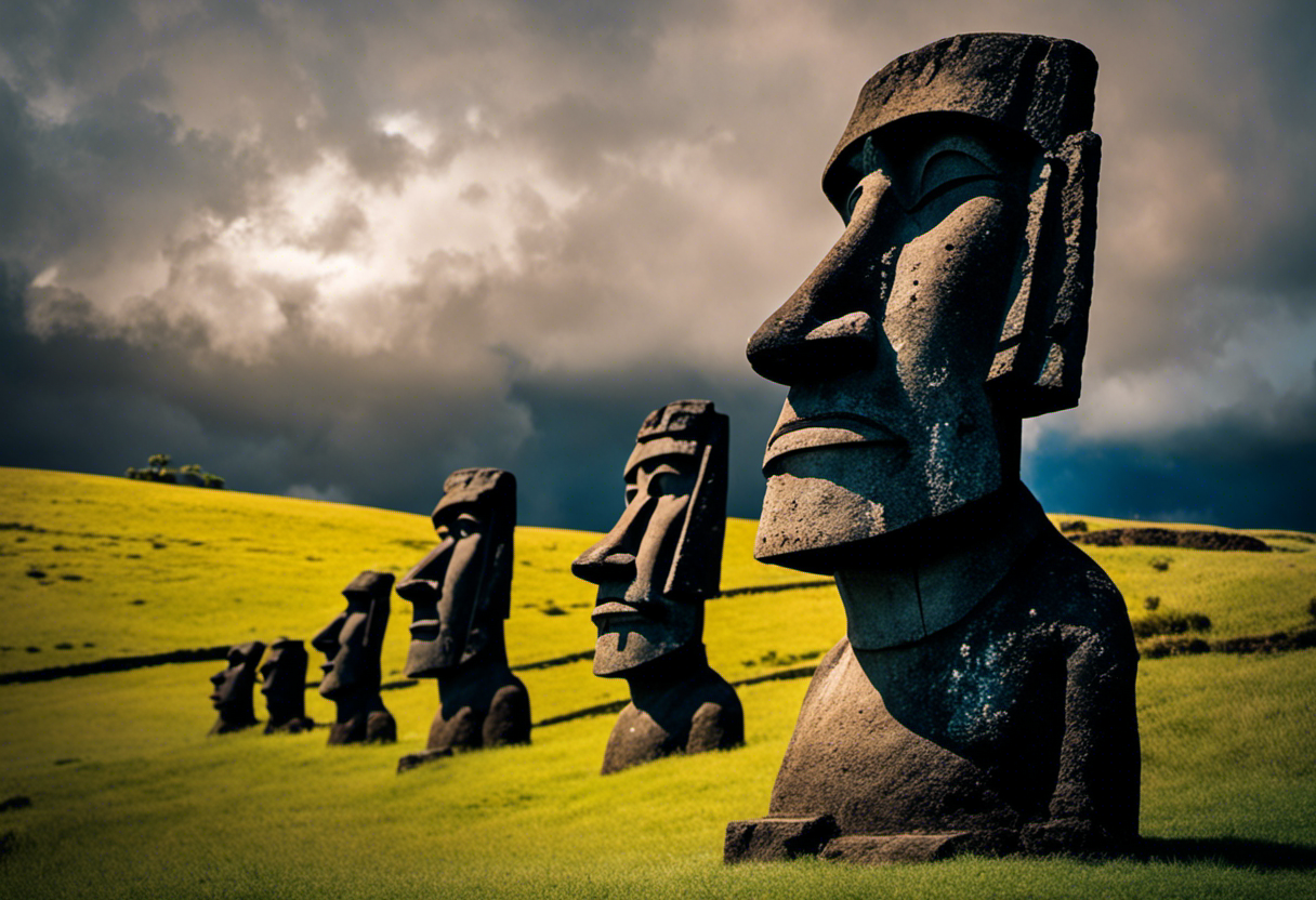An image depicting the intricate stone carvings of Easter Island's famous Moai statues aligned with the celestial bodies, showcasing the sun and stars as crucial components of the Rapa Nui Calendar