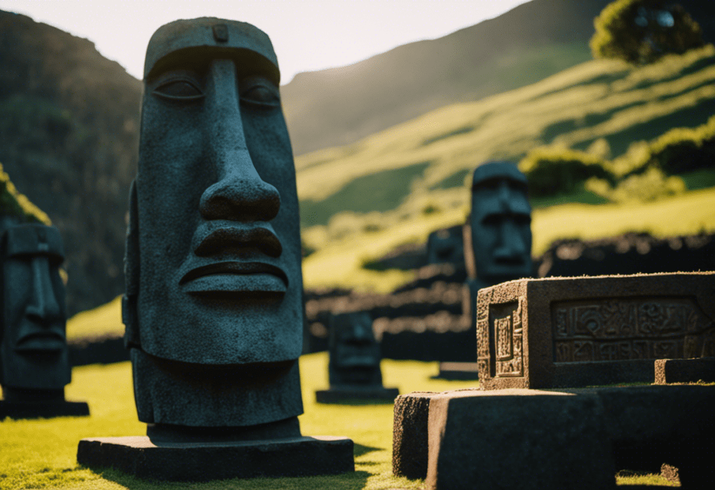 An image showcasing the intricate stone carvings of Easter Island's ceremonial platforms and the sun's rays casting shadows, symbolizing the Rapa Nui calendar's meticulous timekeeping system