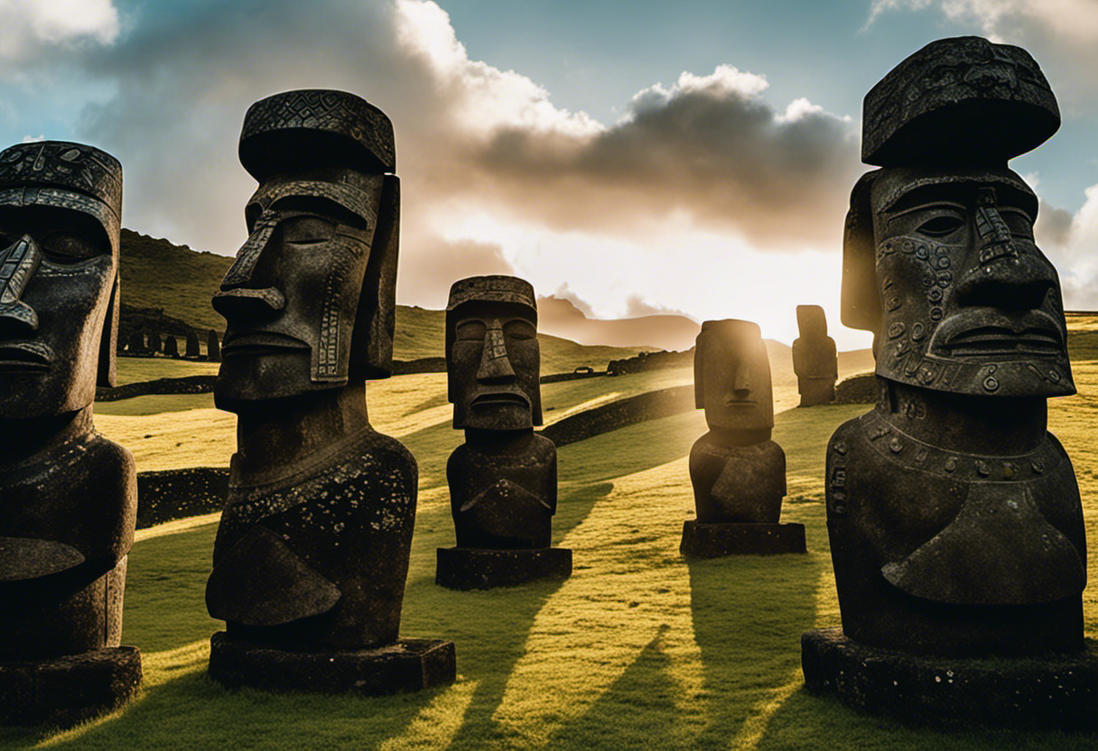 An image that showcases the intricate stone carvings of the Rapa Nui calendar, capturing the precise alignment of the sun and the towering Moai statues, symbolizing the principles of Rapa Nui timekeeping