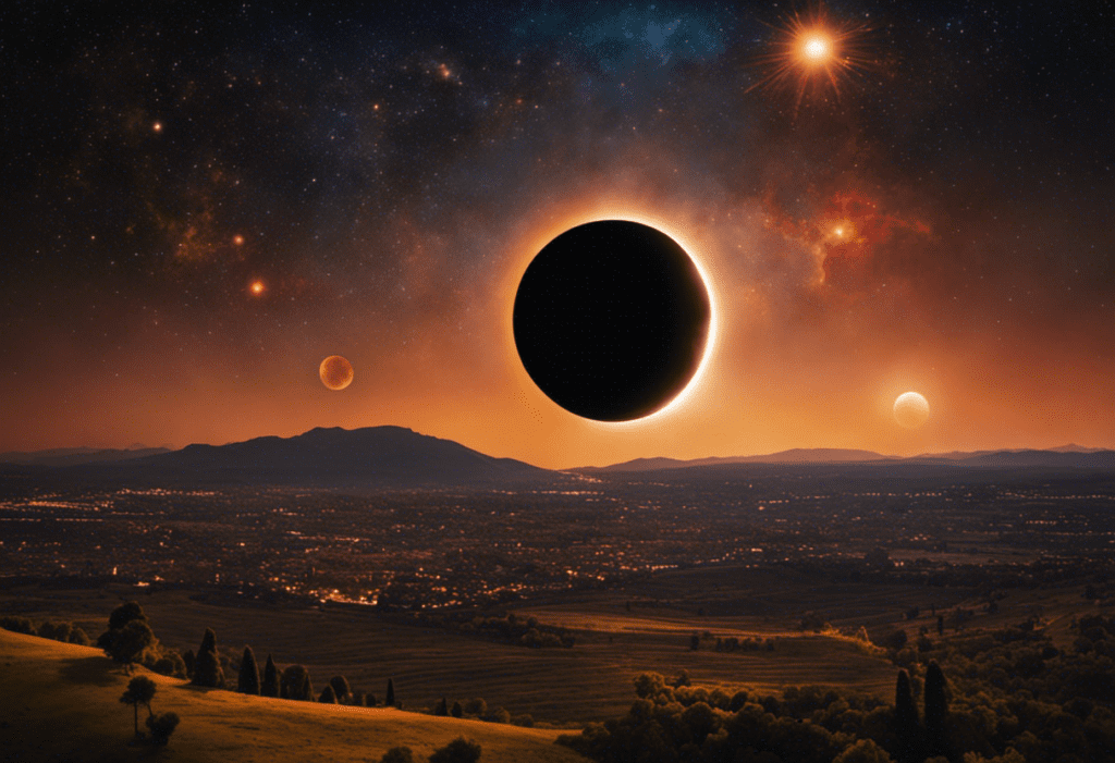 An image showcasing a vibrant celestial scene, capturing the mesmerizing alignment of the sun, moon, and Earth during a solar and lunar eclipse in the Ancient Greek calendar