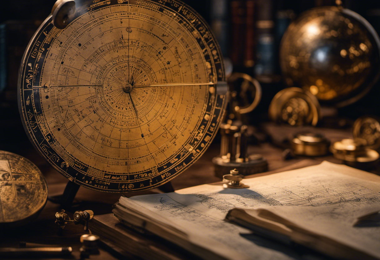 An image showcasing an ancient Greek astronomer meticulously observing celestial movements with a sophisticated astrolabe, surrounded by astronomical charts and instruments, symbolizing the precise calculations behind solar and lunar eclipses