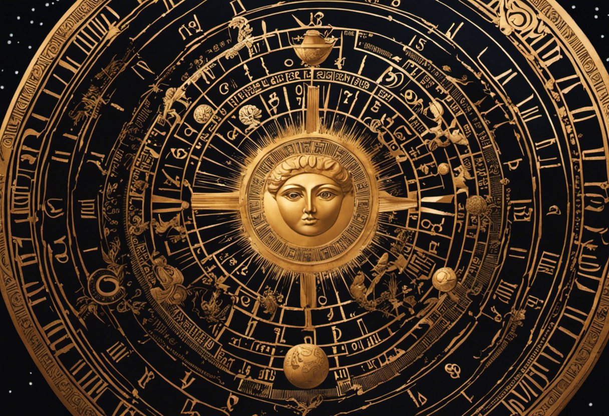 An image depicting an ancient Greek calendar with intricate celestial symbols, showcasing the alignment of the sun, moon, and earth during solar and lunar eclipses