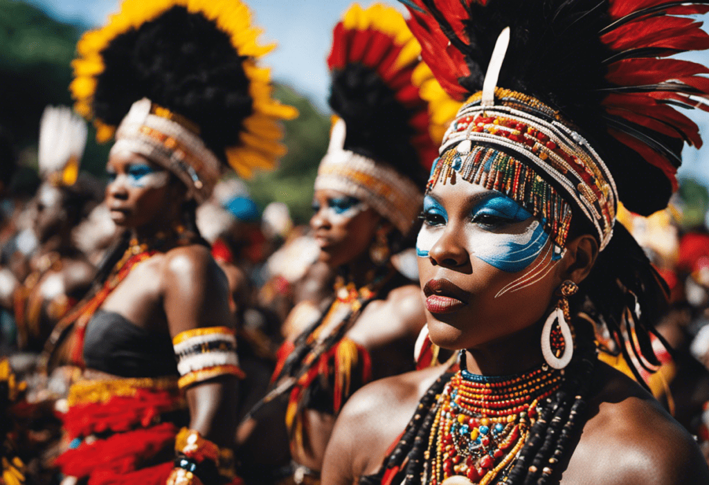 An image capturing the vibrant essence of Zulu festivals and celebrations, showcasing traditional dances, colorful beaded attire, rhythmic drumming, and joyful faces adorned with intricate face paint and traditional headdresses