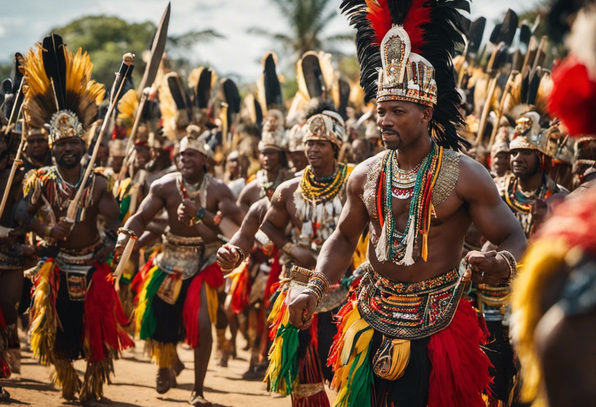 An image capturing the vibrant spirit of Shaka's Day Celebration in the Zulu Calendar, showcasing a grand procession of warriors bedecked in traditional attire, dancing to rhythmic beats, and brandishing their spears with pride