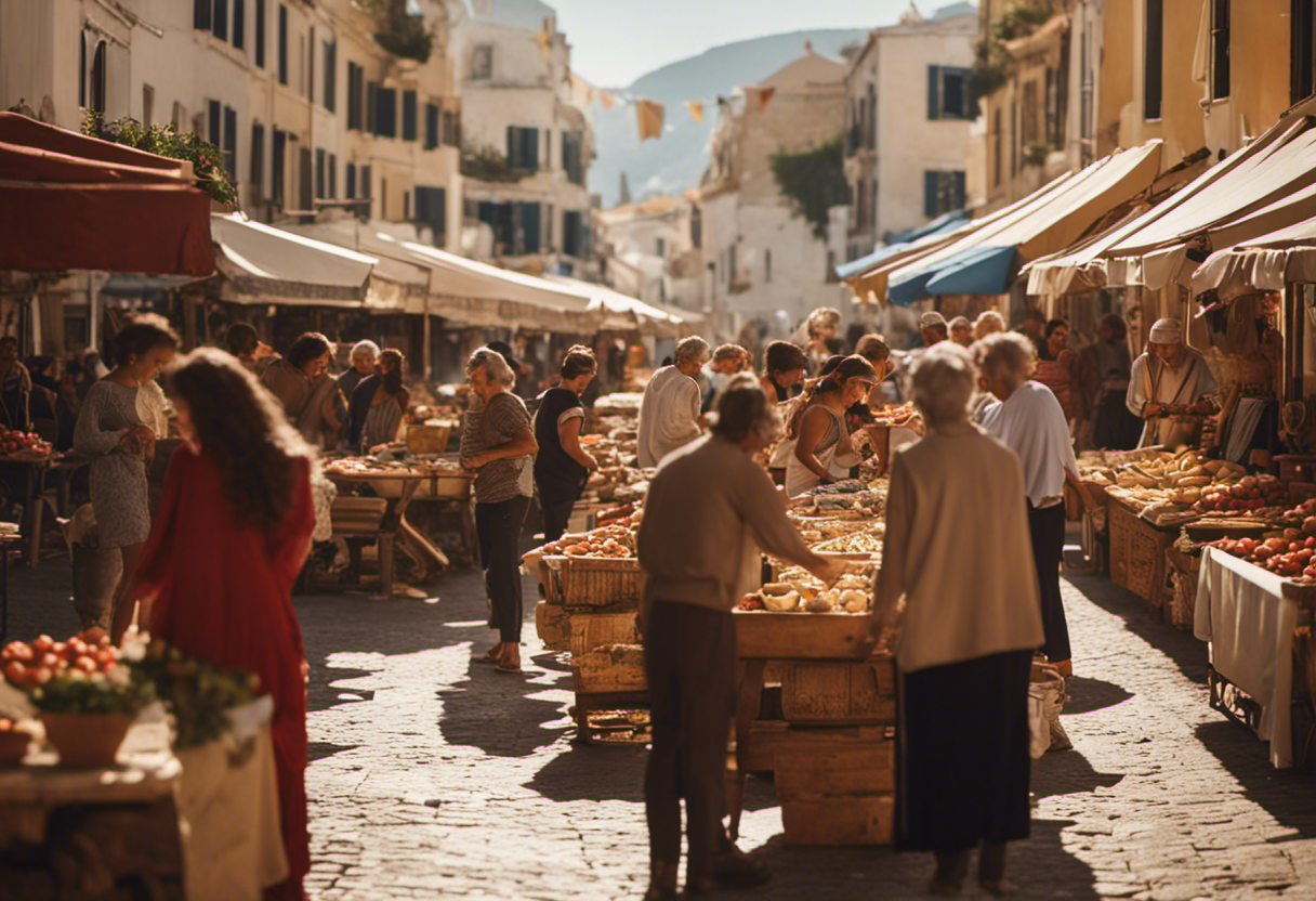 An image showcasing a vibrant Greek marketplace bustling with people engaging in various festive activities, while in the background, a large sundial stands tall, symbolizing the profound influence of the ancient Greek calendar on daily life