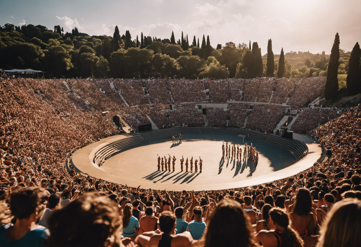 An image showcasing a vibrant amphitheater filled with cheering crowds, adorned with laurel wreaths and athletic gear, as athletes compete in ancient Greek sports, intertwining the calendar's rhythm with festive social gatherings