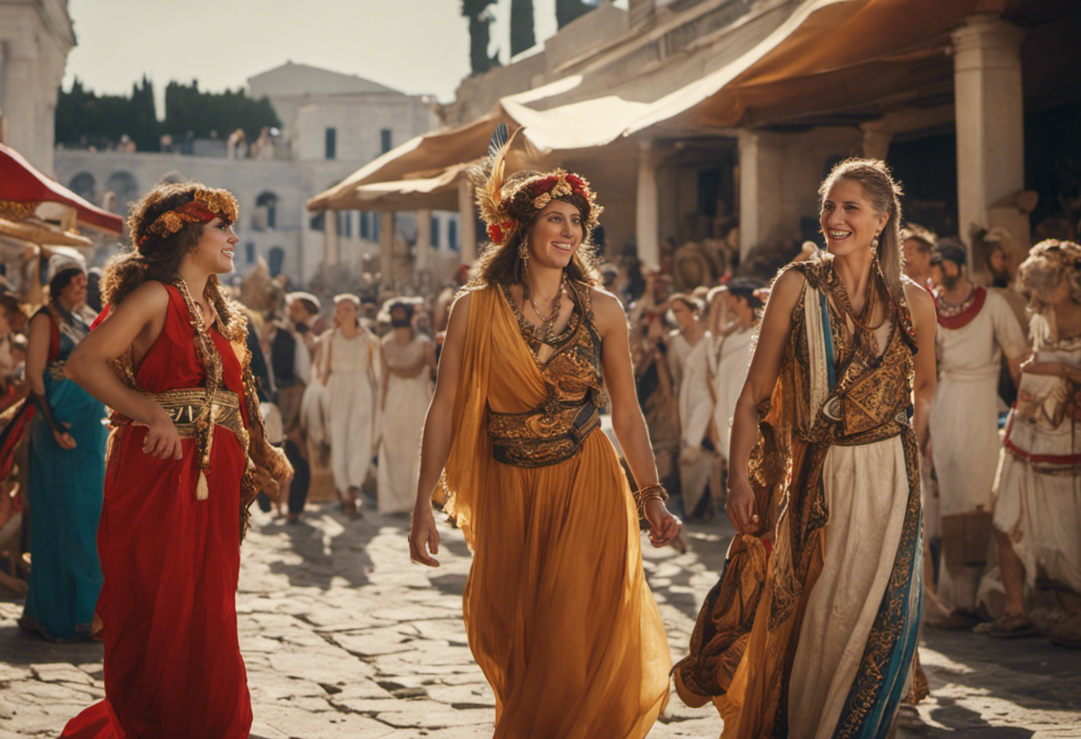 An image showcasing a vibrant ancient Greek marketplace bustling with enthusiastic festival-goers, adorned in traditional attire, engaging in lively dances, music, and feasting, illustrating the profound influence of the Greek calendar on cultural identity and festival participation