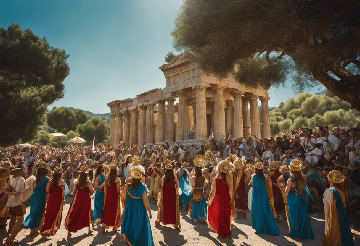 An image that showcases the intricate interplay between the Ancient Greek calendar and religious festivals, capturing vibrant processions, adorned temples, and joyful crowds celebrating in the midst of olive groves and azure skies