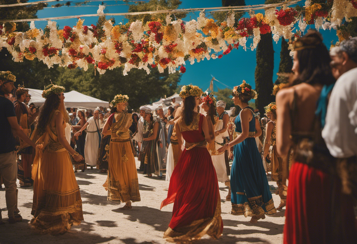 An image showcasing a vibrant outdoor festival scene, with people dressed in traditional Greek attire, dancing and celebrating under a beautifully decorated canopy, capturing the essence of the ancient Greek calendar's influence on modern-day festivities