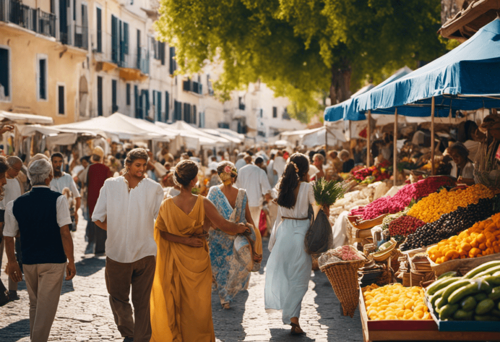 An image showcasing a lively Greek marketplace bustling with vendors selling colorful flowers, fruits, and traditional garments, while citizens in elegant togas gather in groups, immersed in animated conversations and merriment