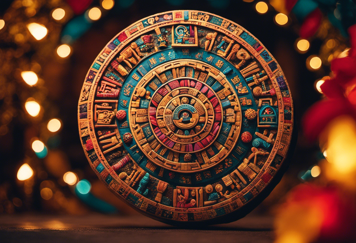 An image depicting an Aztec calendar stone surrounded by vibrant illustrations of festivals and rituals