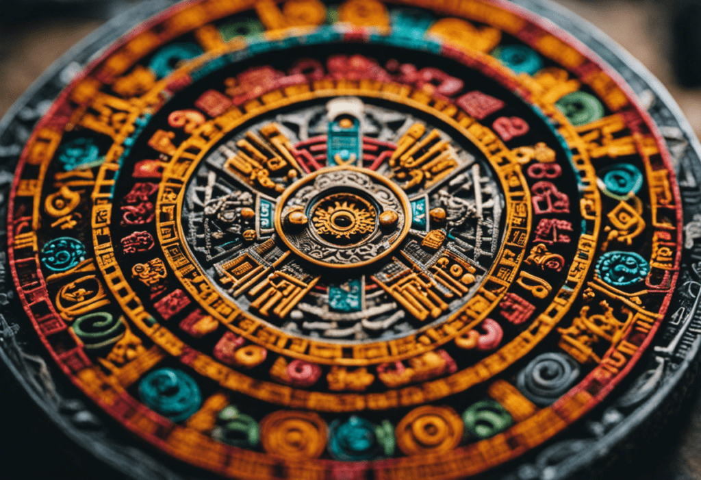 An image showcasing an intricate Aztec calendar, adorned with vibrant colors and symbols, surrounded by depictions of captivating rituals and societal activities influenced by its cyclical nature and divine significance