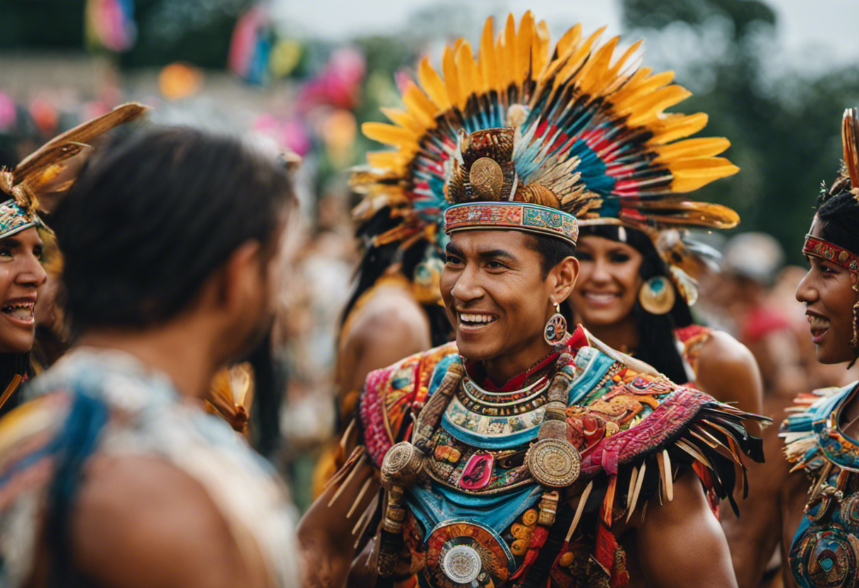 An image showcasing a vibrant Aztec social event, with the mesmerizing Aztec calendar as the focal point
