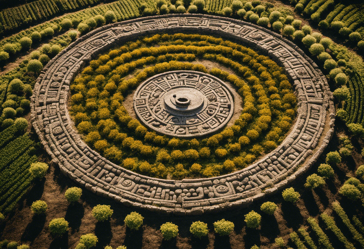 An image featuring an Aztec farmer tending to crops aligned in a circular pattern, symbolizing the correlation between the Aztec Calendar and their agricultural practices