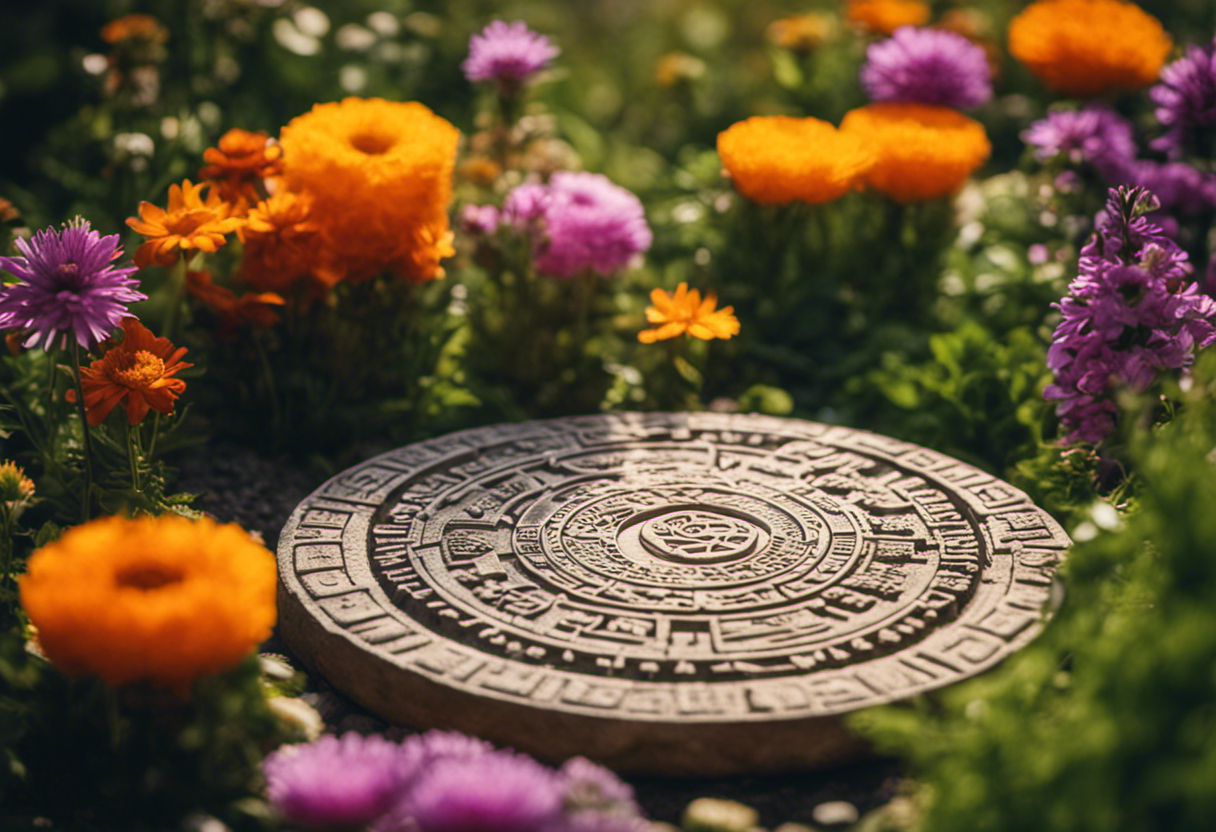 An image showcasing an intricately carved Aztec calendar stone surrounded by vibrant flowers and herbs, symbolizing the Aztec naming traditions influenced by the calendar's celestial significance