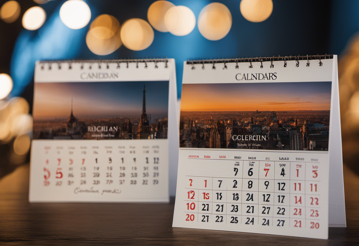 An image showcasing two beautifully designed calendars side by side, with clear labels indicating the Gregorian and French Republican calendars