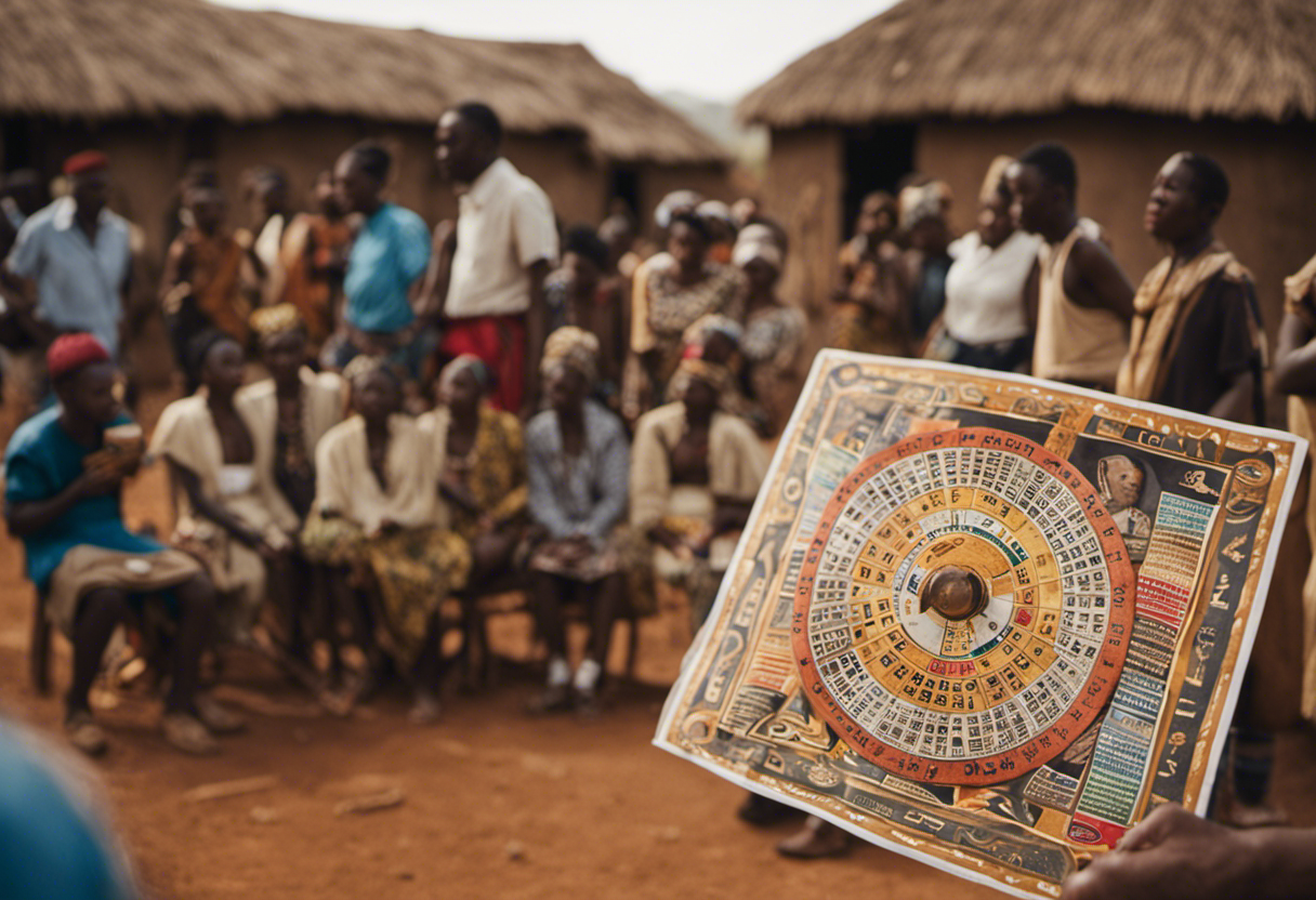 An image showcasing a contemporary African village, with individuals gathered around a Zulu calendar, as they observe and discuss its significance in their daily lives