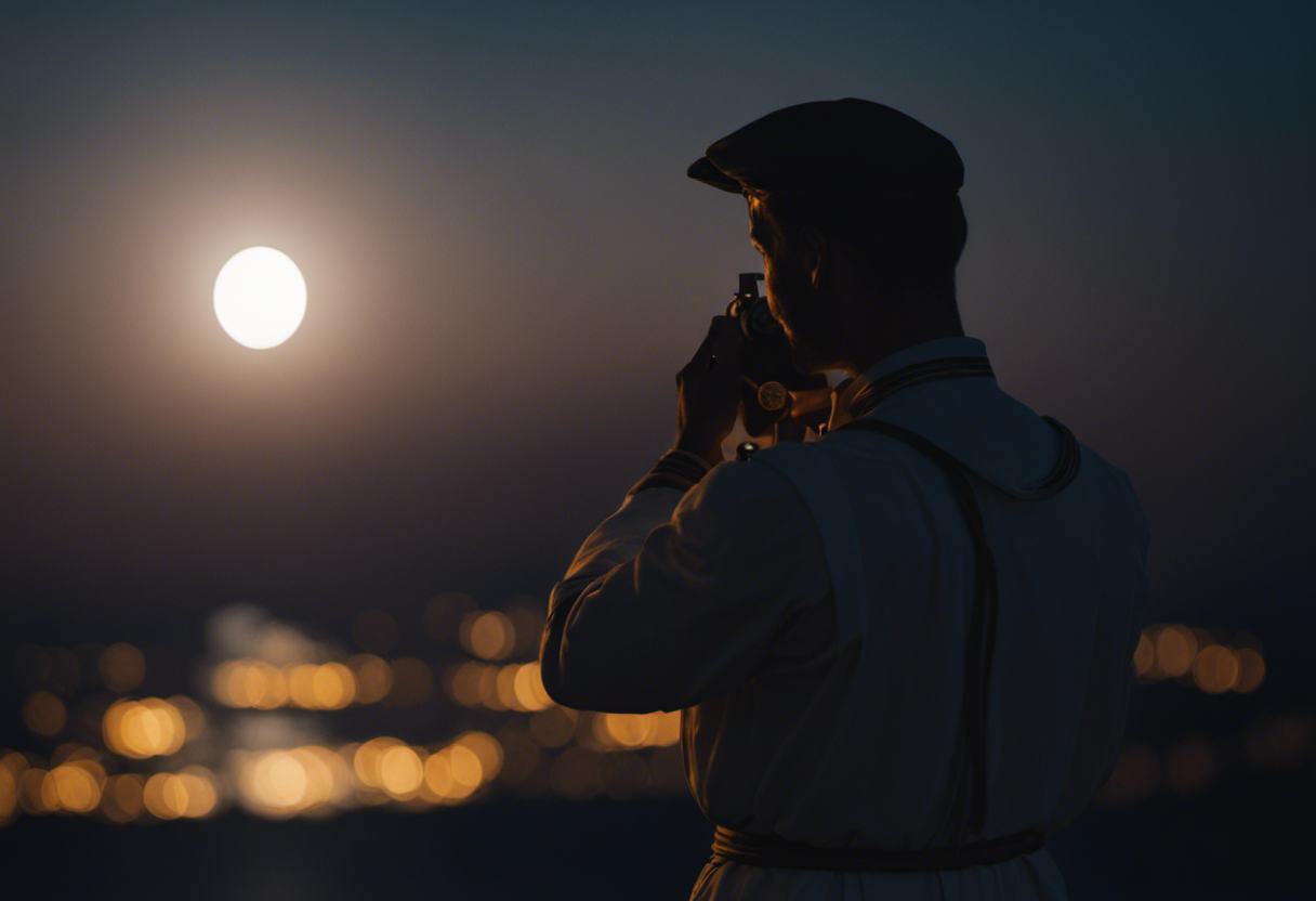 An image showcasing a Greek sailor on a moonlit night, carefully observing the moon's position in the sky while using a sophisticated astrolabe, emphasizing the crucial role of lunar phases in ancient Greek maritime timekeeping