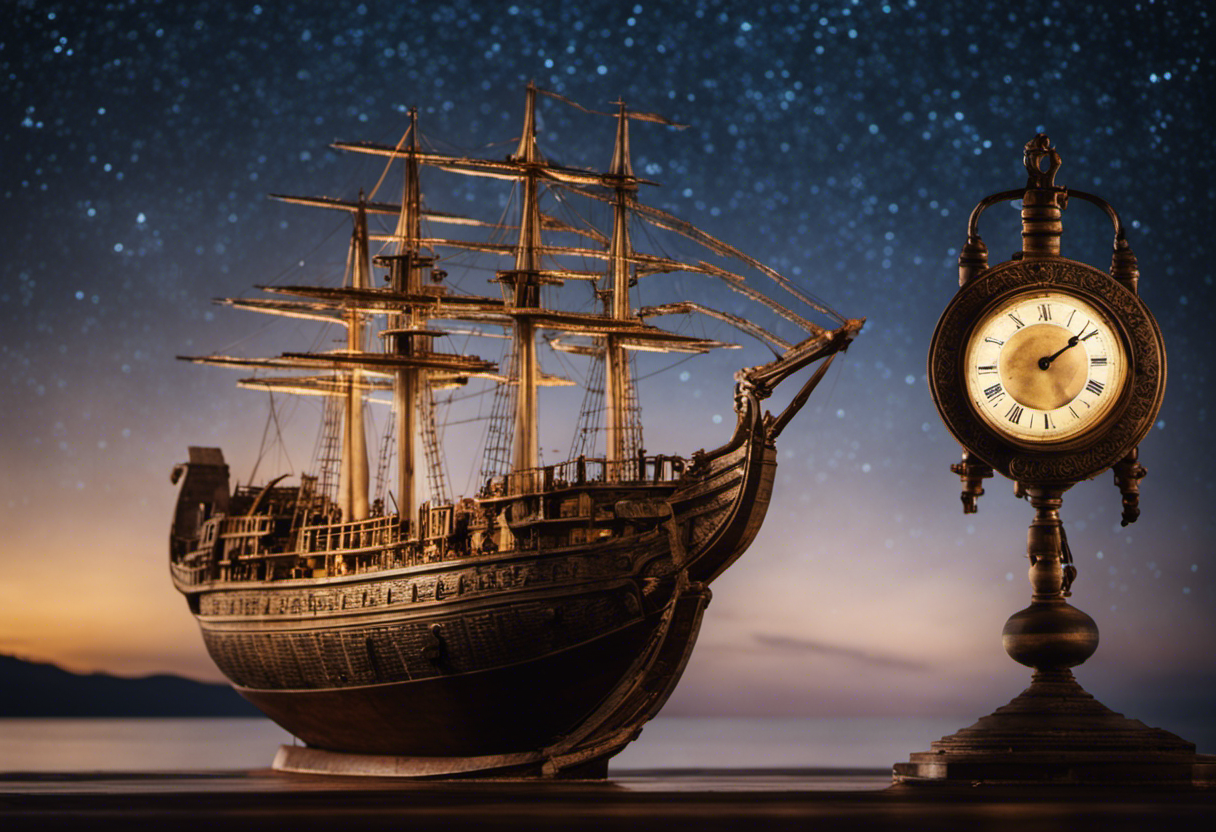 An image depicting an ancient Greek ship sailing under a starry night sky, with a prominent astrolabe in the foreground