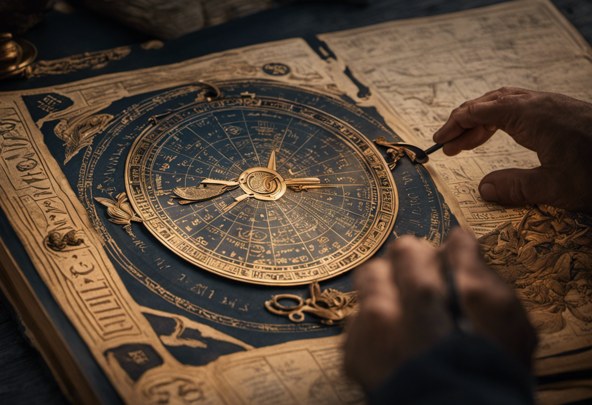 An image depicting an ancient Greek mariner studying a nautical calendar, surrounded by celestial symbols and intricate engravings, as he determines the changing seasons to navigate the open sea