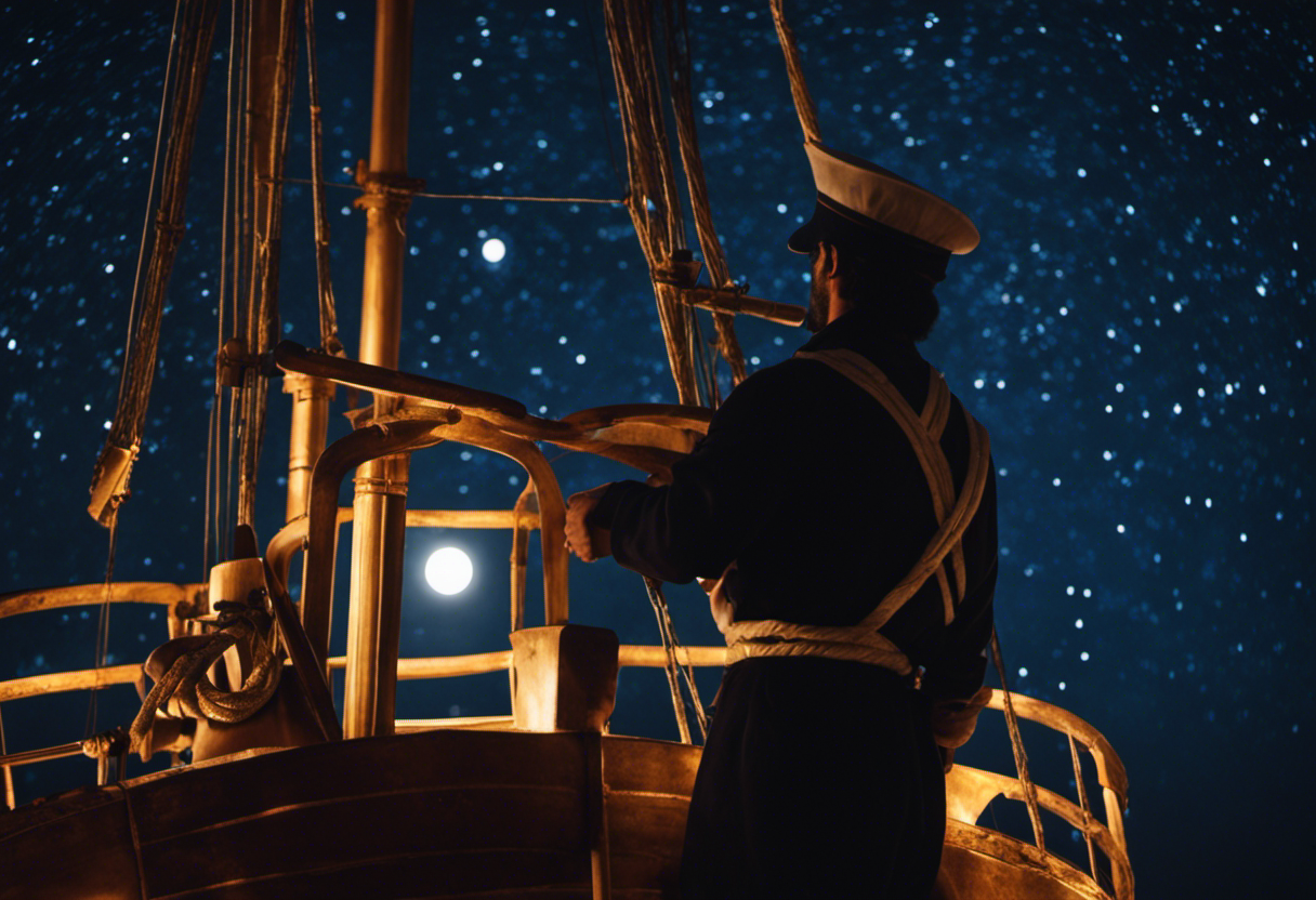 An image showcasing a Greek sailor on a moonlit ship, gazing at the starry sky