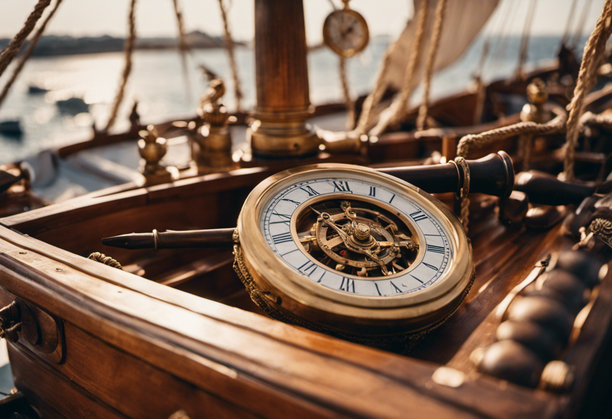 An image showcasing the busy deck of an ancient Greek ship, adorned with various timekeeping instruments like a water clock, sundial, and astrolabe, highlighting the sailors' reliance on these tools for accurate navigation