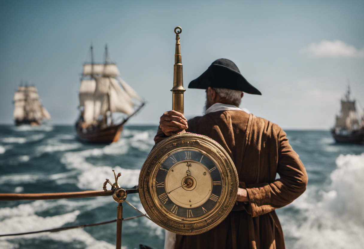 An image depicting an ancient Greek sailor observing the tides from a ship, using an astrolabe to measure time and a sextant to navigate