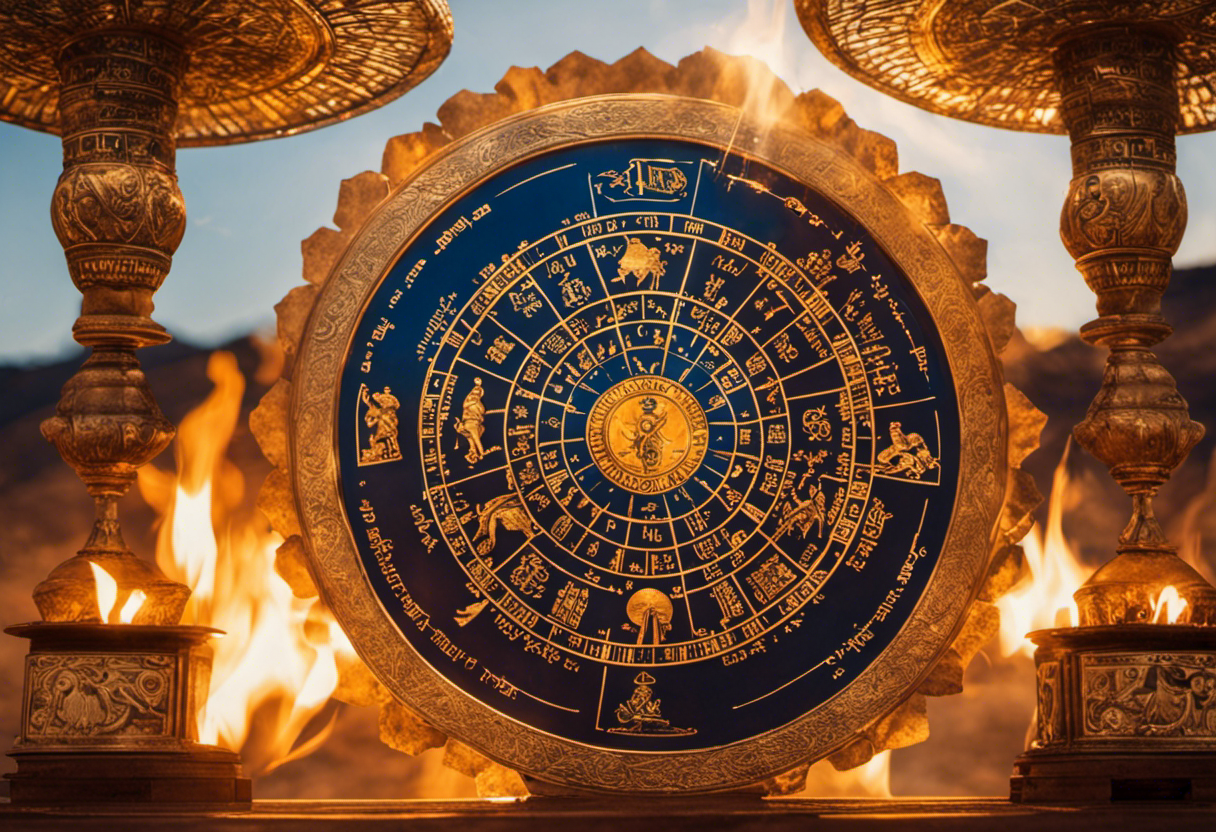 An image showcasing the Zoroastrian calendar with its celestial symbols, radiating wisdom and unity