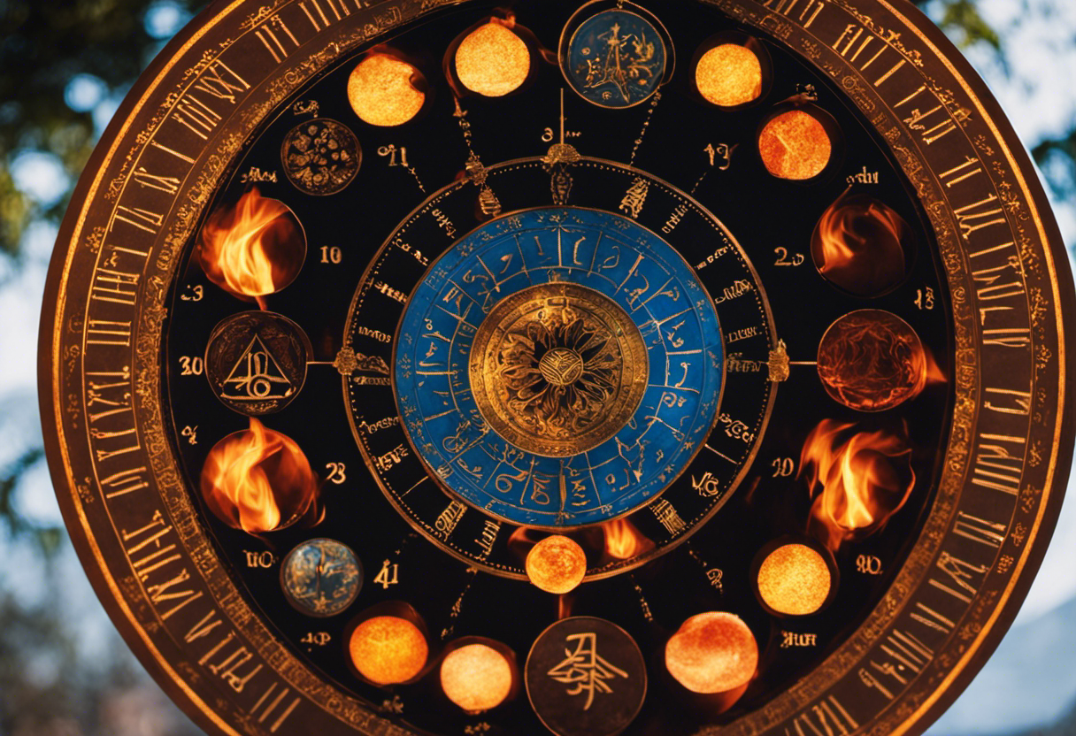 An image featuring the Zoroastrian calendar's symbols of fire, water, earth, and air arranged in a circular formation, representing the eternal cycle of life and the interconnectedness of the elements