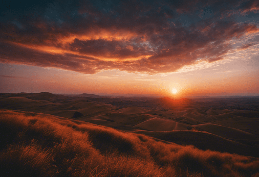 A visually captivating image featuring a mesmerizing sunset over a serene landscape, with a celestial alignment above symbolizing the Zoroastrian calendar